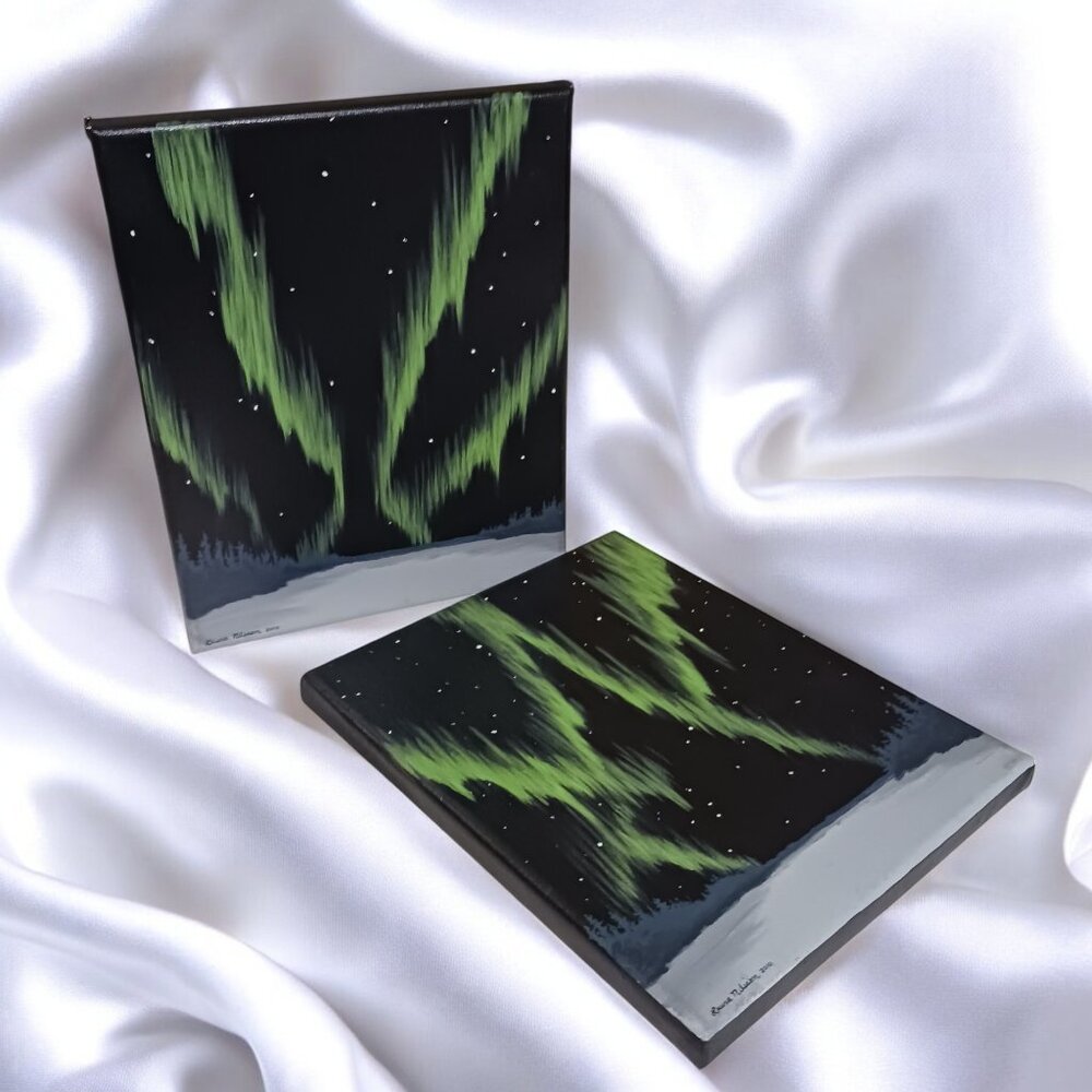 Set of 2 Signed Laura Nilsson Northern Lights Canvas Paintings Aurora B…